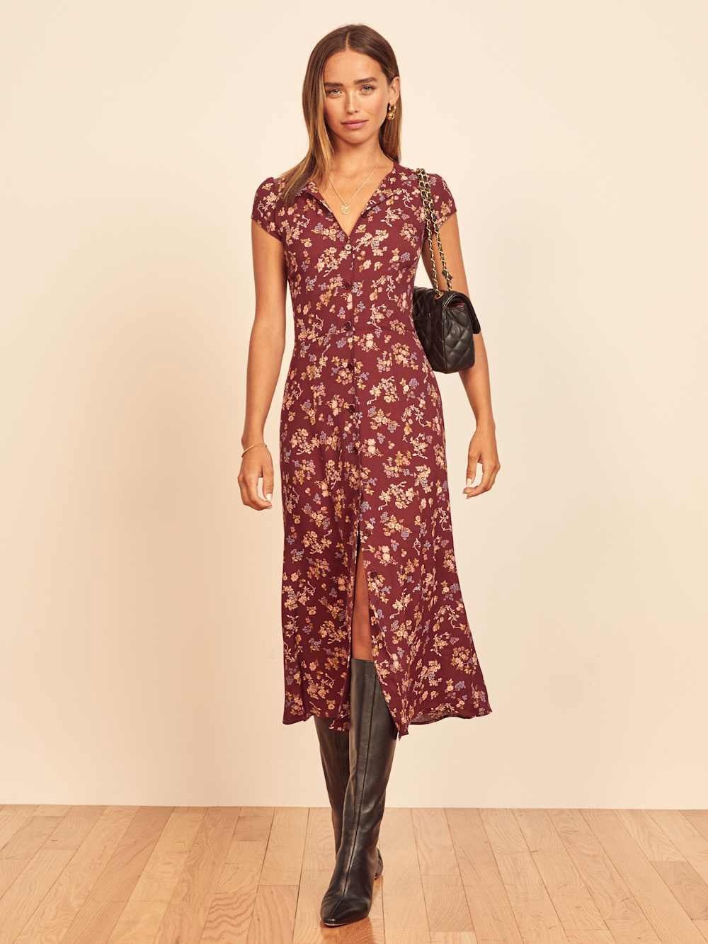 Reformation Fauna Dress in Burgundy Floral Cap-Sleeve Midi,